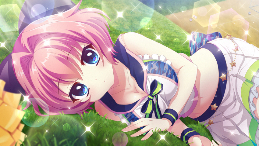 1girl ball blue_bow blue_eyes blue_wristband bow breasts cheerleader cleavage collarbone crop_top dot_nose film_grain game_cg grass hair_bow hair_intakes hiiragi_kae izumi_tsubasu large_bow large_breasts lens_flare looking_at_viewer lying midriff navel non-circular_lens_flare non-web_source official_art on_grass on_side parted_lips pink_hair pom_pom_(cheerleading) purple_bow re:stage! short_hair skirt soccer_ball solo sparkle star_(symbol) white_skirt