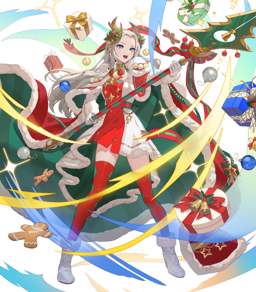 1girl attack blue_eyes cape christmas_ornaments cookie diamond_print dress edelgard_von_hresvelg edelgard_von_hresvelg_(snowfall_future) fake_horns fire_emblem fire_emblem:_three_houses fire_emblem_heroes food gift gingerbread_man gloves green_cape high_heels highres holding holding_polearm holding_weapon horns long_hair multicolored_clothes multicolored_dress non-web_source official_alternate_costume official_art open_mouth polearm red_cape red_dress red_thighhighs simple_background solo teeth teffish thighhighs upper_teeth_only v-shaped_eyebrows weapon white_background white_dress white_footwear white_gloves white_hair
