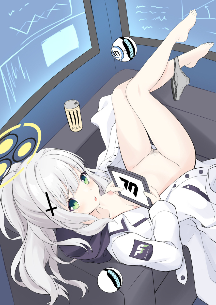 1girl barefoot blue_archive blush breasts can commentary_request couch energy_drink green_eyes grey_hair grey_panties halo hare_(blue_archive) highres holding indoors jacket legs_up long_hair long_sleeves looking_back monster_energy naked_jacket nipples on_couch ooarai_school_uniform open_clothes open_jacket panties panties_around_one_leg parted_lips ponytail pubic_hair pussy robot sakuraba_hikaru_(loveindog) school_uniform sidelocks small_breasts solo underwear white_jacket