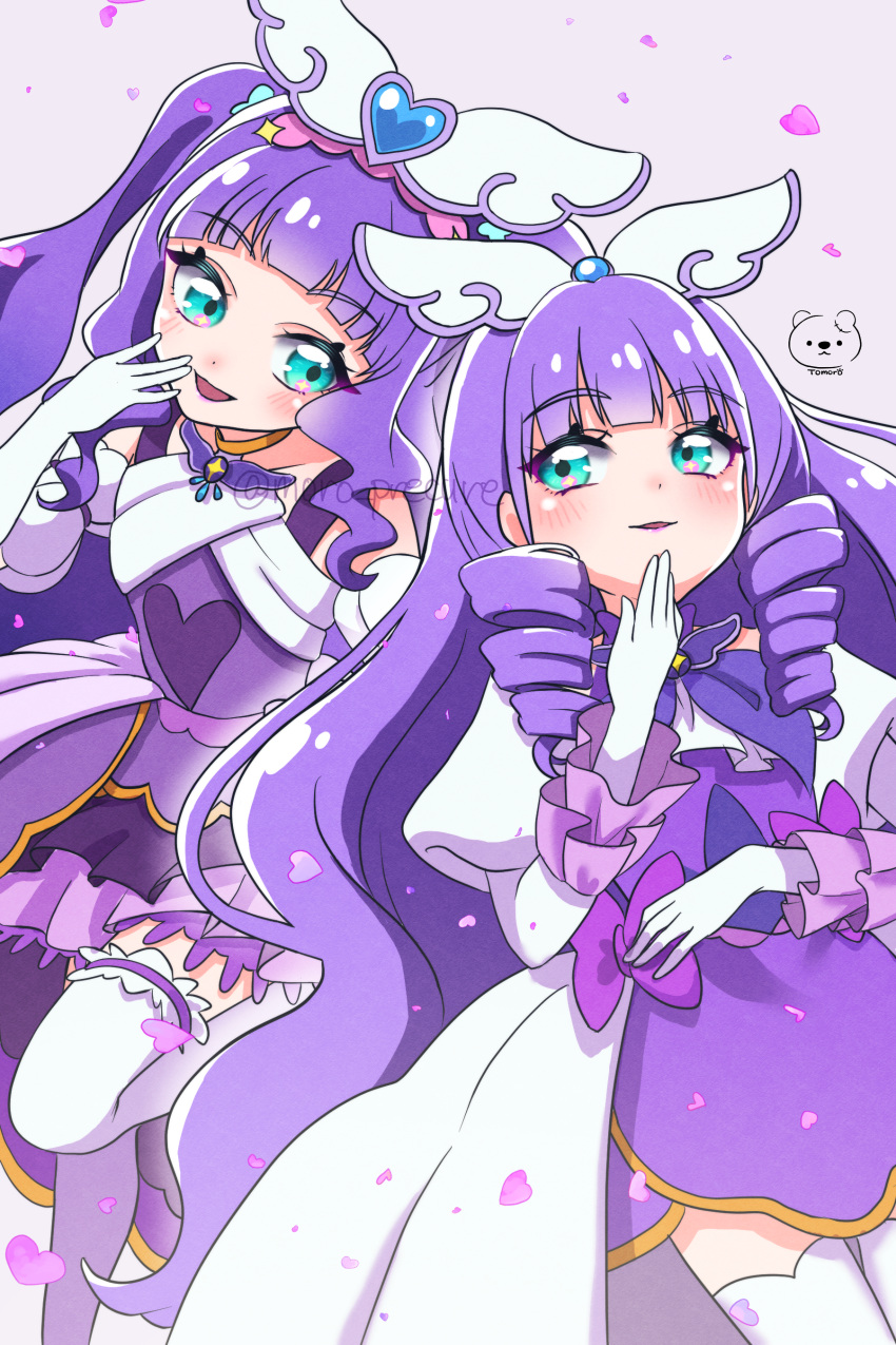 2girls absurdres aqua_eyes blunt_bangs bow bowtie cure_majesty cure_noble dress drill_hair ellee-chan headgear highres hirogaru_sky!_precure long_hair looking_at_another moro_precure multiple_girls ojou-sama_pose precure purple_hair standing white_dress