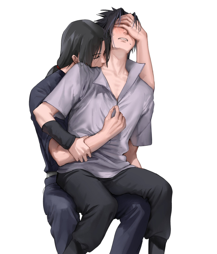 2boys black_hair black_pants black_shirt black_sleeves blush closed_eyes denggu_5 grey_shirt highres incest long_hair male_focus multiple_boys naruto naruto_(series) pants ponytail shirt short_hair teeth uchiha_itachi uchiha_sasuke yaoi