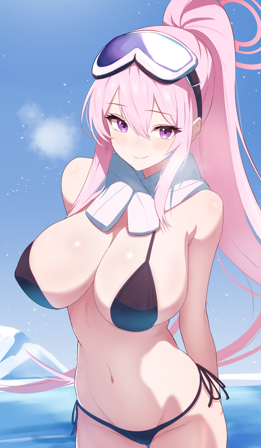 1girl absurdres bikini black_bikini blue_archive blush breasts cleavage closed_mouth cowboy_shot day eimi_(blue_archive) eimi_(swimsuit)_(blue_archive) groin hair_between_eyes highres large_breasts long_hair looking_at_viewer official_alternate_costume outdoors pink_eyes pink_hair ponytail ryokuchabushi scarf smile solo swimsuit very_long_hair white_scarf