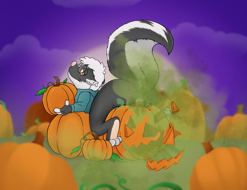 anthro anus butt claws clothed clothing embarrassed fart fart_cloud fart_fetish food fruit gassy halloween_theme hi_res jack-o'-lantern male mammal mephitid partially_clothed plant pumpkin raised_tail skunk skunk_tail solo tail thr33y3dg0at