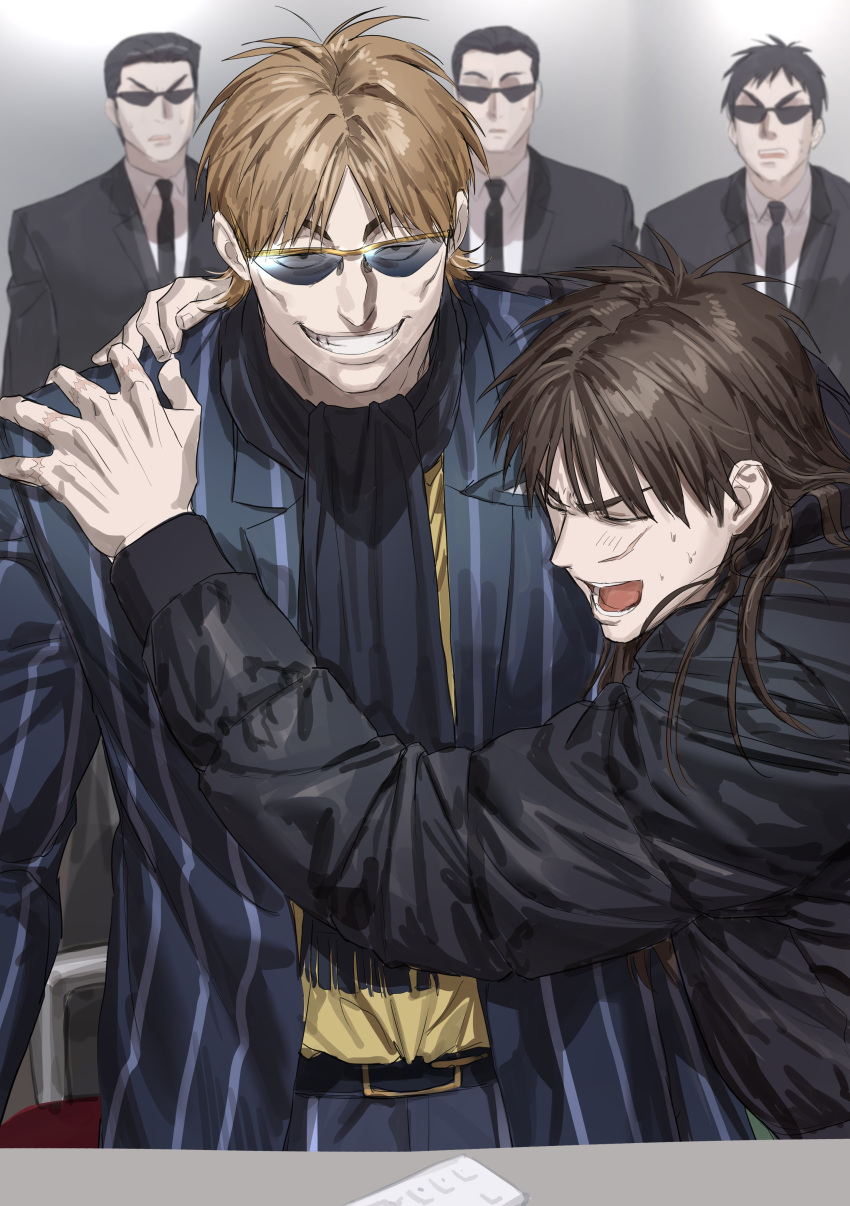 5boys absurdres black_coat black_hair black_jacket black_necktie black_scarf blue_jacket brown_hair chamuring closed_eyes coat collared_shirt grin highres hug hyoudou_kazuya itou_kaiji jacket kaiji light_brown_hair long_hair looking_at_viewer male_focus medium_bangs multiple_boys necktie open_mouth over-rim_eyewear puffy_coat scar scar_on_cheek scar_on_face scarf semi-rimless_eyewear shirt smile striped striped_jacket suit sunglasses table upper_body vertical-striped_jacket vertical_stripes white_shirt yellow-framed_eyewear yellow_shirt