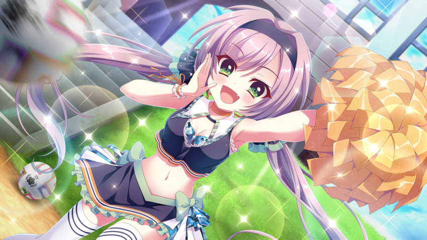 1girl :d arm_up armpits ball blue_skirt blue_sky breasts building cheering cheerleader cleavage cleavage_cutout clothing_cutout crop_top day dot_nose dutch_angle fang film_grain game_cg grass green_eyes hair_ornament hair_scrunchie hairband hand_up izumi_tsubasu lens_flare medium_breasts midriff misaki_sango motion_blur navel non-circular_lens_flare non-web_source official_art open_mouth orange_wristband outdoors pom_pom_(cheerleading) purple_hair purple_hairband purple_scrunchie re:stage! scrunchie skirt sky smile soccer_ball solo sparkle stairs thighhighs twintails white_thighhighs