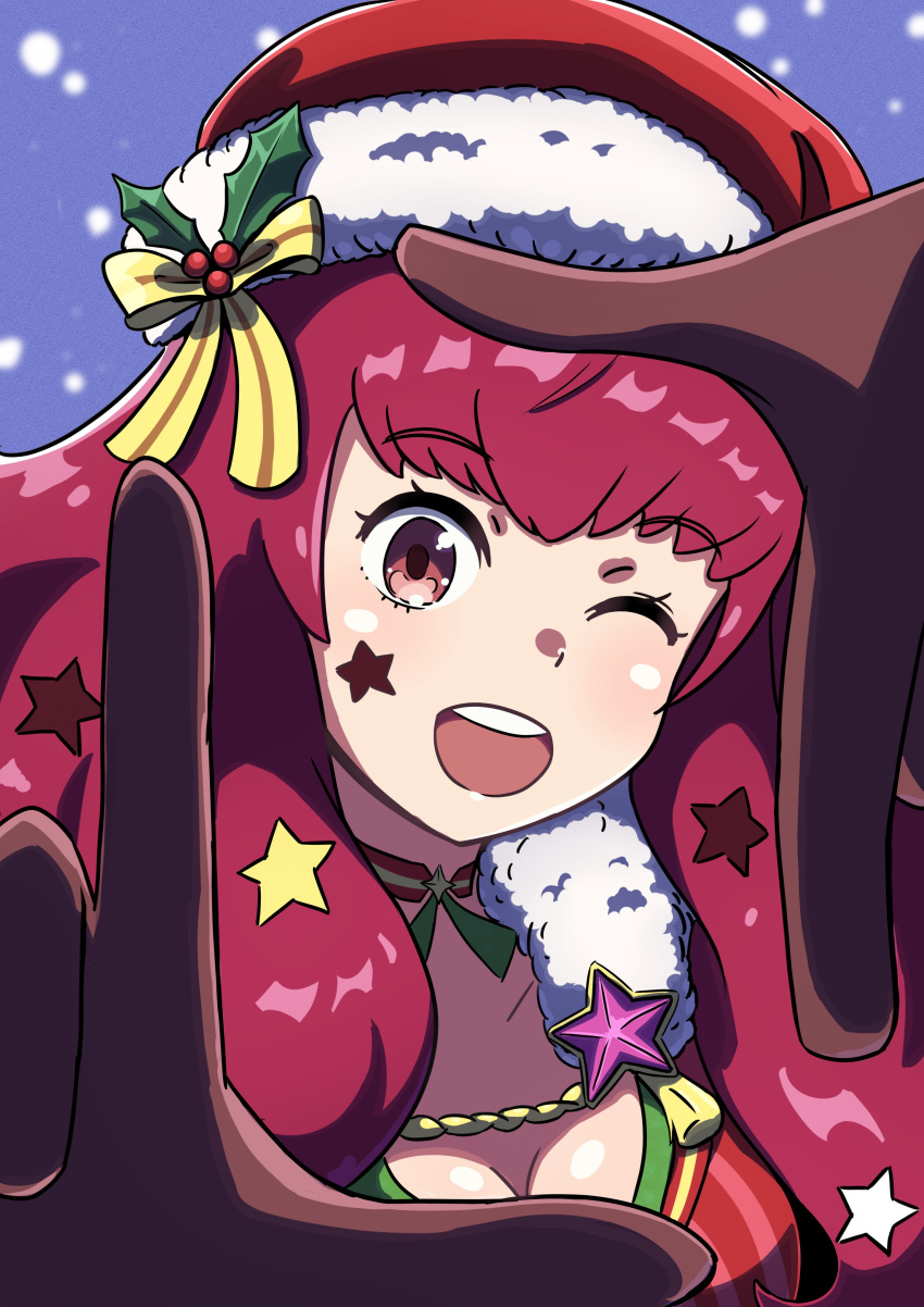 1girl absurdres bodysuit cianter facial_mark fire_emblem fire_emblem_engage fire_emblem_heroes hair_ornament hat highres holly_hair_ornament looking_at_viewer official_alternate_costume open_mouth red_bodysuit red_eyes red_hair santa_hat star_(symbol) star_facial_mark star_hair_ornament yunaka_(fire_emblem) yunaka_(fire_emblem)_(spirited_envoy)