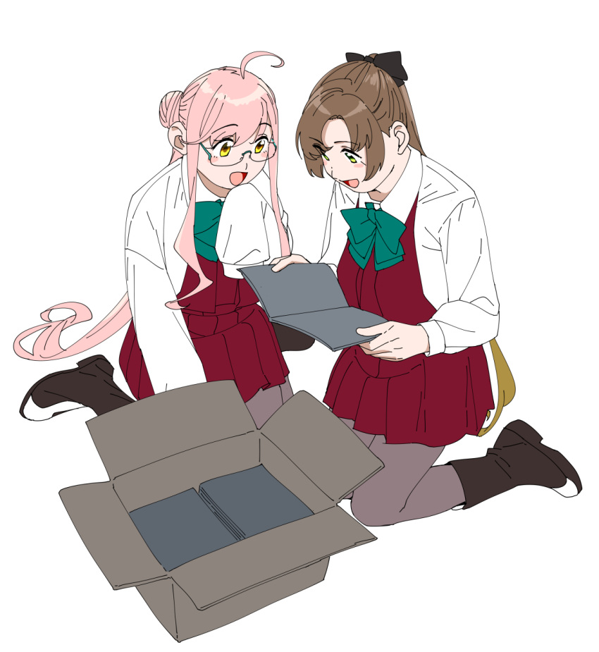 2girls ahoge akigumo_(kancolle) aqua-framed_eyewear blue-framed_eyewear book box brown_hair cardboard_box collared_shirt double_bun dress dress_shirt glasses green_eyes hair_bun hair_ribbon highres kantai_collection kneeling long_hair long_sleeves makigumo_(kancolle) multiple_girls ojipon open_mouth pink_hair pleated_dress ponytail red_dress ribbon school_uniform shirt simple_background sleeves_past_fingers sleeves_past_wrists twintails white_background white_shirt yellow_eyes