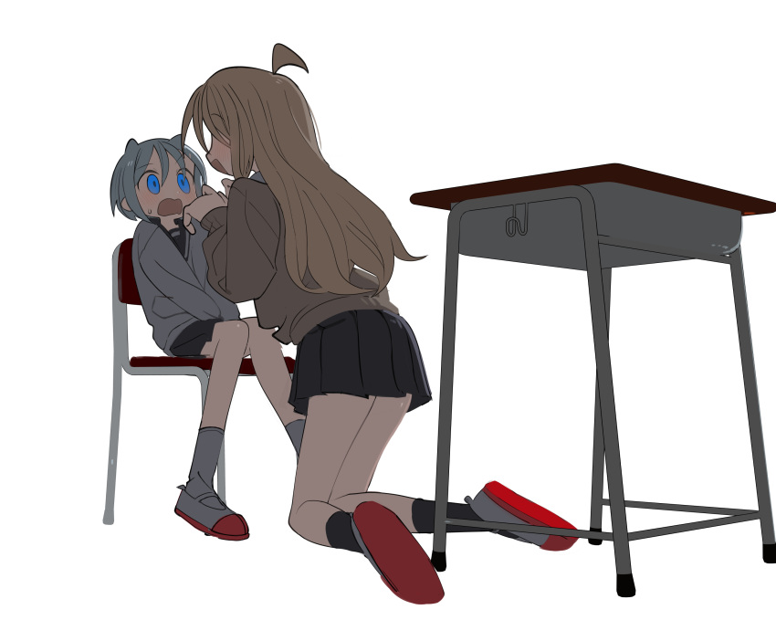 2girls aged_up ahoge alternate_hair_length alternate_hairstyle backlighting black_skirt black_socks blonde_hair blue_eyes blush brown_sweater chair desk face-to-face facing_another from_behind full_body grey_hair hair_horns hands_up height_difference highres kneeling kokaki_mumose long_hair long_sleeves multiple_girls nervous null-meta on_chair open_mouth pleated_skirt school_chair school_desk school_uniform serafuku shoes simple_background sitting skirt smile socks sweatdrop sweater takada_shiyuki uozumi_kurumi uwabaki v_arms white_background wide-eyed