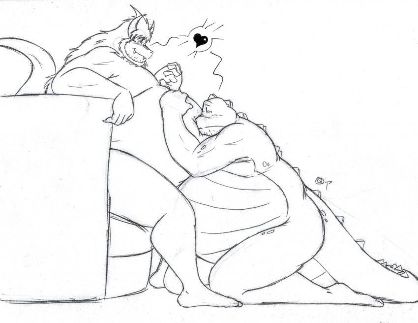 &lt;3 anthro beard belly belly_kiss belly_press big_belly crocodile crocodilian crocodylid dragon duo eyes_closed facial_hair furniture hand_holding hand_on_stomach holding_belly horn kneeling looking_down male male/male nude overweight overweight_anthro overweight_male passionate reptile scalie scruffy shogo87 sitting smile sofa soft_belly tail