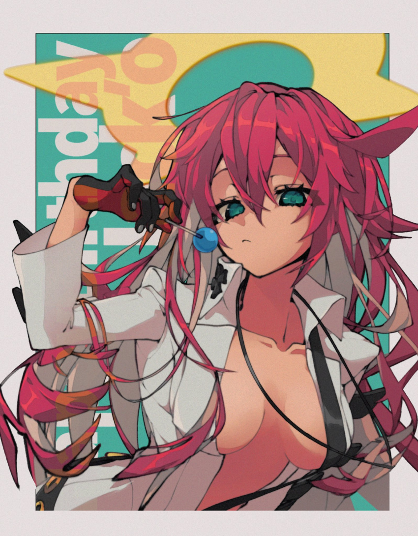 1girl black_gloves blunt_ends bodysuit breasts broken_halo collared_shirt colored_inner_hair compass_rose_halo front_slit gloves green_eyes guilty_gear guilty_gear_strive hair_between_eyes halo highres jack-o'_valentine jewelry long_hair long_sleeves mature_female medium_breasts messy_hair multicolored_hair pendant plunging_neckline red_gloves red_hair shirt shoulder_belt tub7eegxp34en1g two-tone_gloves two-tone_hair very_long_hair white_bodysuit white_hair white_shirt