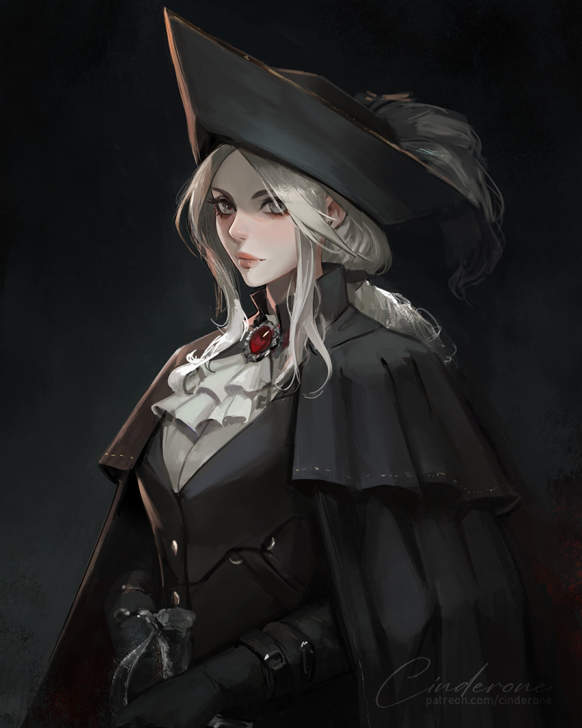 1girl ascot black_background black_coat black_headwear bloodborne blouse brooch buttons cinderone closed_mouth coat collar commentary english_commentary grey_hair hat hat_feather highres jewelry lady_maria_of_the_astral_clocktower lips long_hair looking_at_viewer parted_bangs ponytail shirt sidelocks solo threaded_cane tricorne white_ascot white_shirt