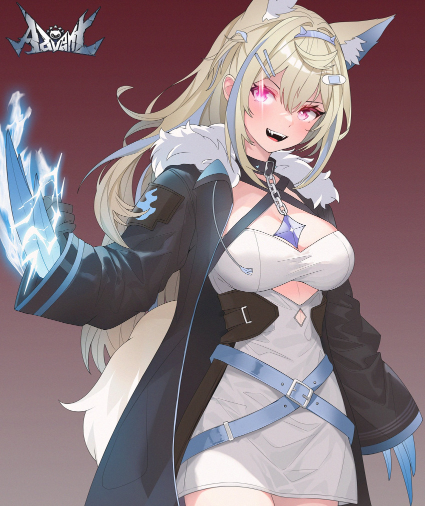 1girl adapted_costume animal_ear_fluff animal_ears black_collar black_gloves black_jacket blonde_hair blue_hair breasts chain chain_leash claws collar colored_inner_animal_ears dog_ears dog_girl dog_tail double-parted_bangs dress eye_trail fangs fur-trimmed_jacket fur_trim fuwawa_abyssgard gloves gradient_background hair_between_eyes hair_intakes highres hololive hololive_english jacket large_breasts leash light_trail long_hair long_sleeves looking_at_viewer multicolored_hair open_clothes open_jacket open_mouth pink_eyes red_background short_dress sk_jynx solo tail two-tone_hair two_side_up white_dress