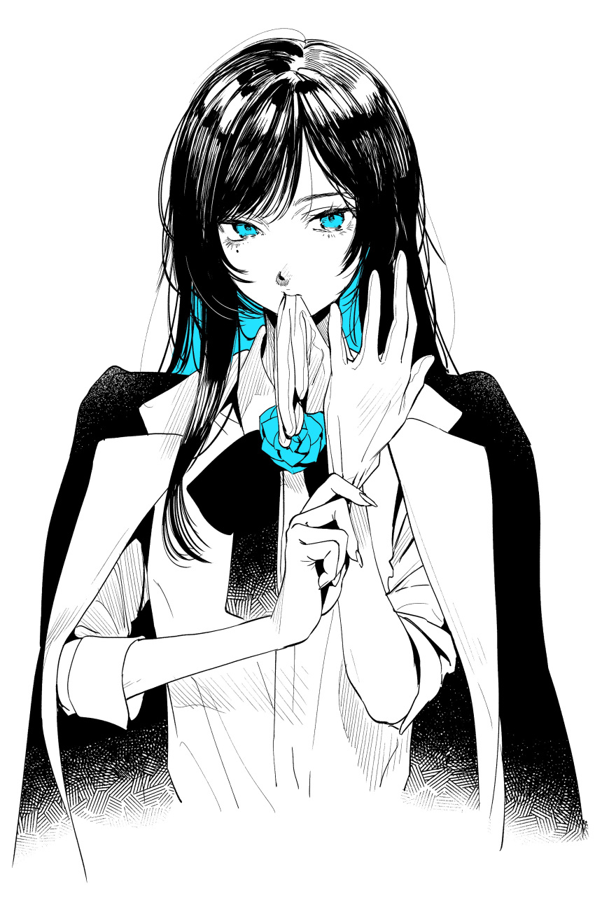 1girl absurdres ado_(utaite) adochansukisuki blue_eyes blue_flower blue_rose bow bowtie chando_(ado) cloud_nine_inc collared_shirt colored_inner_hair cropped_torso dress_shirt flower flower_brooch glove_in_mouth gloves greyscale highres jacket jacket_on_shoulders long_hair looking_at_viewer mole mole_under_eye monochrome mouth_hold multicolored_hair putting_on_gloves rose shirt sidelocks simple_background solo spot_color two-tone_hair upper_body utaite