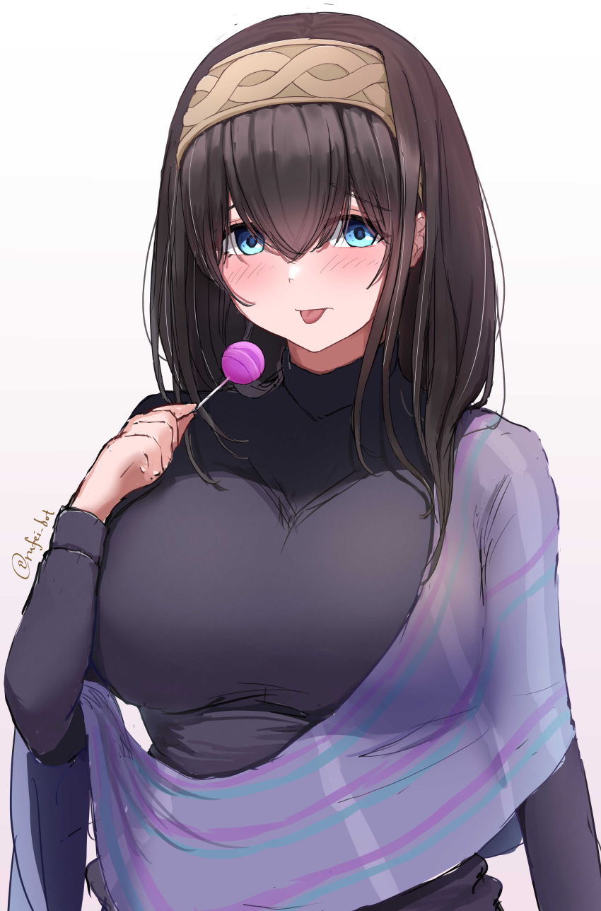 1girl absurdres black_shirt blue_eyes blue_shawl blush breasts brown_hair brown_hairband candy food hair_between_eyes hairband highres holding holding_candy holding_food holding_lollipop idolmaster idolmaster_cinderella_girls large_breasts lollipop looking_at_viewer rufei_bot sagisawa_fumika shawl shirt simple_background solo tongue tongue_out twitter_username upper_body white_background