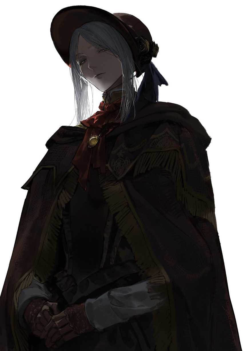 1girl absurdres bloodborne bonnet brown_cloak brown_dress brown_headwear cloak closed_mouth commentary doll_joints dress english_commentary half-closed_eyes hat highres joints long_sleeves looking_at_viewer own_hands_together plain_doll ruint short_hair short_hair_with_long_locks sidelocks simple_background solo white_background white_hair white_sleeves