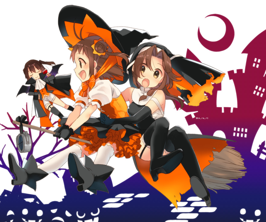 3girls alternate_costume bare_shoulders black_gloves black_legwear boots broom broom_riding brown_eyes brown_hair cape commentary crescent_moon double_bun dress elbow_gloves garter_straps gloves habit halloween halloween_costume hat high_heel_boots high_heels jintsuu_(kantai_collection) kantai_collection koruri moon multiple_girls naka_(kantai_collection) puffy_short_sleeves puffy_sleeves sarashi sendai_(kantai_collection) short_sleeves shorts silhouette single_thighhigh thigh_boots thighhighs two_side_up vampire_costume white_legwear witch_hat