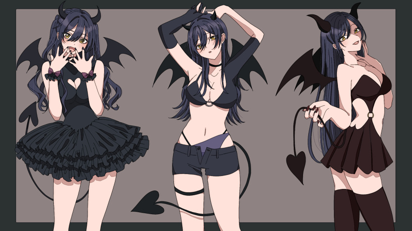 1girl alternate_costume alternate_hairstyle armpits arms_up asymmetrical_clothes black_choker black_dress black_footwear black_hair black_thighhighs blush bracelet breasts choker cleavage cleavage_cutout clothing_cutout demon_horns demon_tail demon_wings dress feet_out_of_frame fingernails gloves heart_cutout highres horns idolmaster idolmaster_shiny_colors jewelry large_breasts layered_dress long_hair looking_at_viewer multiple_views nail_polish navel o-ring o-ring_dress o-ring_top open_clothes open_shorts paddy_field partially_fingerless_gloves pleated_dress shirase_sakuya short_shorts shorts simple_background single_glove sleeveless sleeveless_dress smile smirk stomach straight_hair tail thigh_strap thighhighs two-tone_background very_long_hair wavy_hair wings zettai_ryouiki