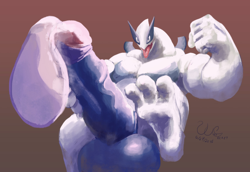 anthro balls big_balls big_muscles big_penis bodily_fluids condom cum excessive_cum excessive_genital_fluids filled_condom flexing generation_2_pokemon genital_fluids genitals huge_balls huge_muscles huge_penis hyper hyper_balls hyper_genitalia hyper_penis legendary_pokemon lugia male masturbation muscular nintendo penis pokemon pokemon_(species) sexual_barrier_device signature solo vein veiny_penis wolfsecret