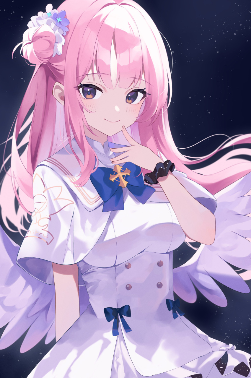 1girl absurdres blue_archive blue_bow blue_bowtie blush bow bowtie breasts cape dress feathered_wings hair_ornament hair_scrunchie highres long_hair looking_at_viewer medium_breasts mika_(blue_archive) night night_sky pink_hair scrunchie shu10 signature sky smile solo star_(sky) very_long_hair white_cape white_dress white_wings wings wrist_scrunchie