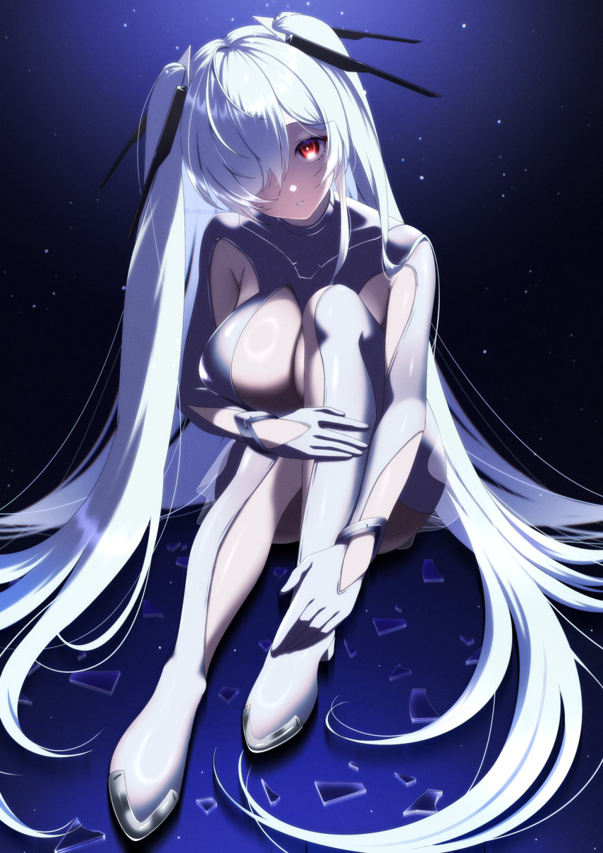 1girl bodysuit breasts cinderella_(nikke) cleavage_cutout clothing_cutout goddess_of_victory:_nikke hair_over_one_eye headgear highres large_breasts long_hair milmil7 one_eye_covered red_eyes see-through see-through_skirt sitting skirt solo twintails very_long_hair white_bodysuit white_hair