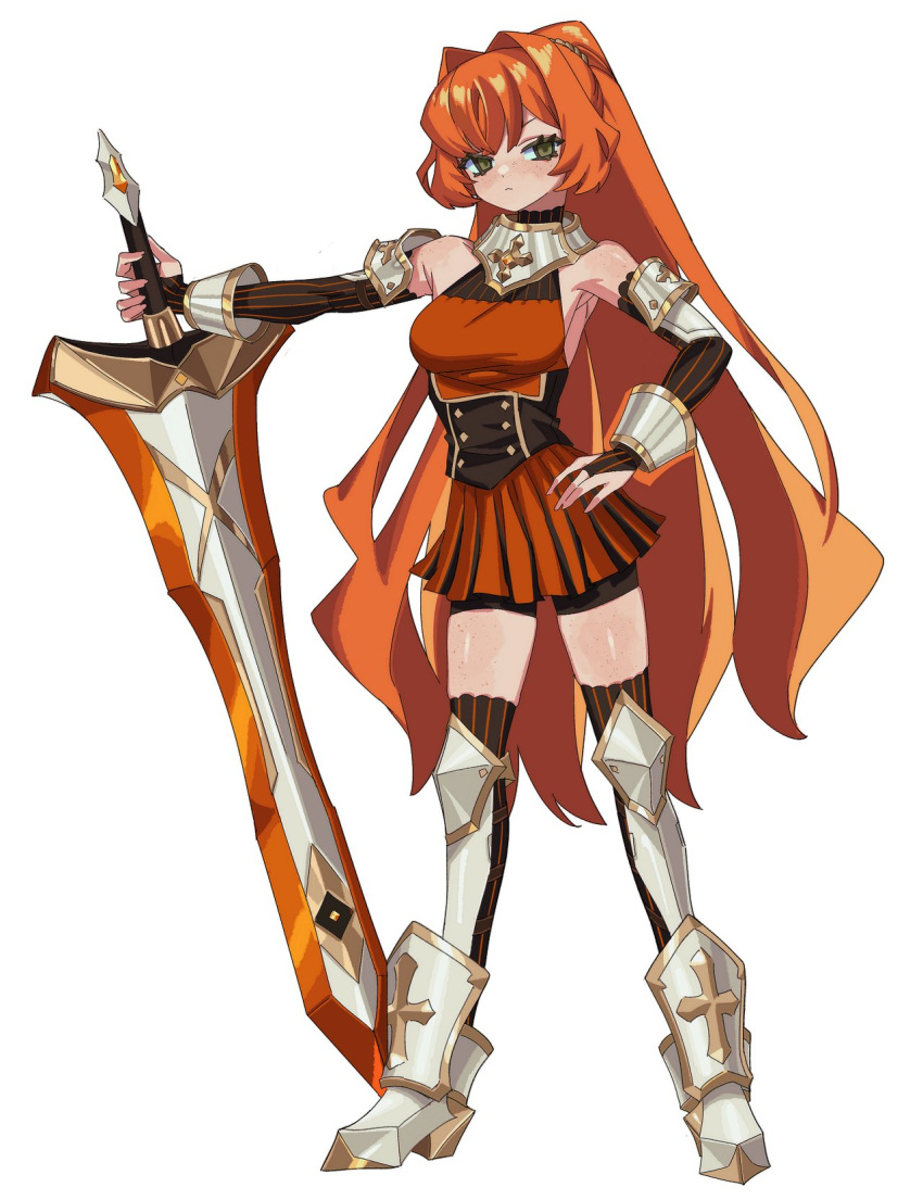 1girl angellyuna armored_boots armpits bare_shoulders black_thighhighs boots breasts bridal_gauntlets dress full_body greatsword high_ponytail highres holding holding_sword holding_weapon ishmael_(project_moon) knight limbus_company long_hair long_sleeves looking_at_viewer orange_dress orange_hair project_moon sideboob solo sword thighhighs very_long_hair weapon