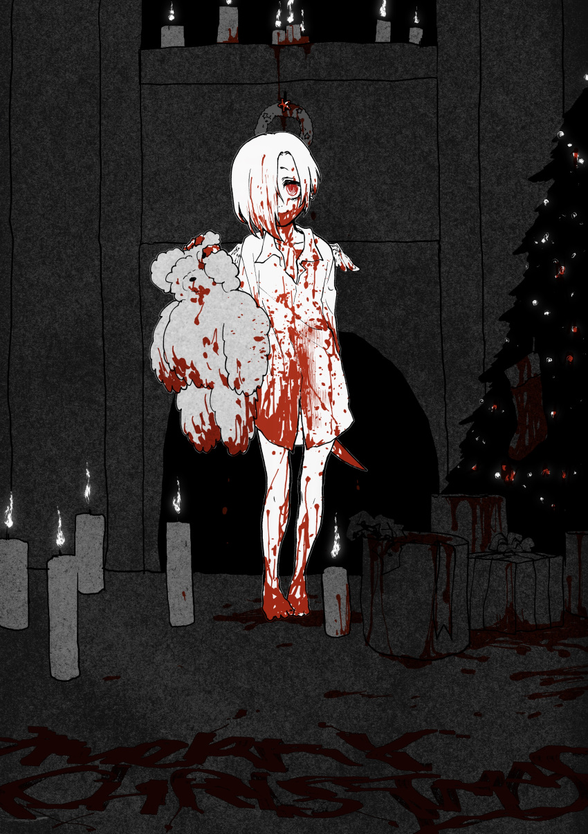 1girl absurdres bags_under_eyes barefoot blood blood_in_hair blood_on_clothes blood_on_face blood_on_feet blood_on_knife blood_splatter blood_writing candle christmas christmas_lights christmas_present christmas_stocking christmas_tree closed_mouth collared_shirt dark_room dress_shirt full_body gift hair_over_one_eye hand_up highres holding holding_knife holding_stuffed_toy idolmaster idolmaster_cinderella_girls indoors knife long_bangs looking_at_viewer merry_christmas mini_wings naked_shirt night one_eye_covered payama pool_of_blood red_eyes shirasaka_koume shirt short_hair smile solo spot_color standing stuffed_toy wings wreath