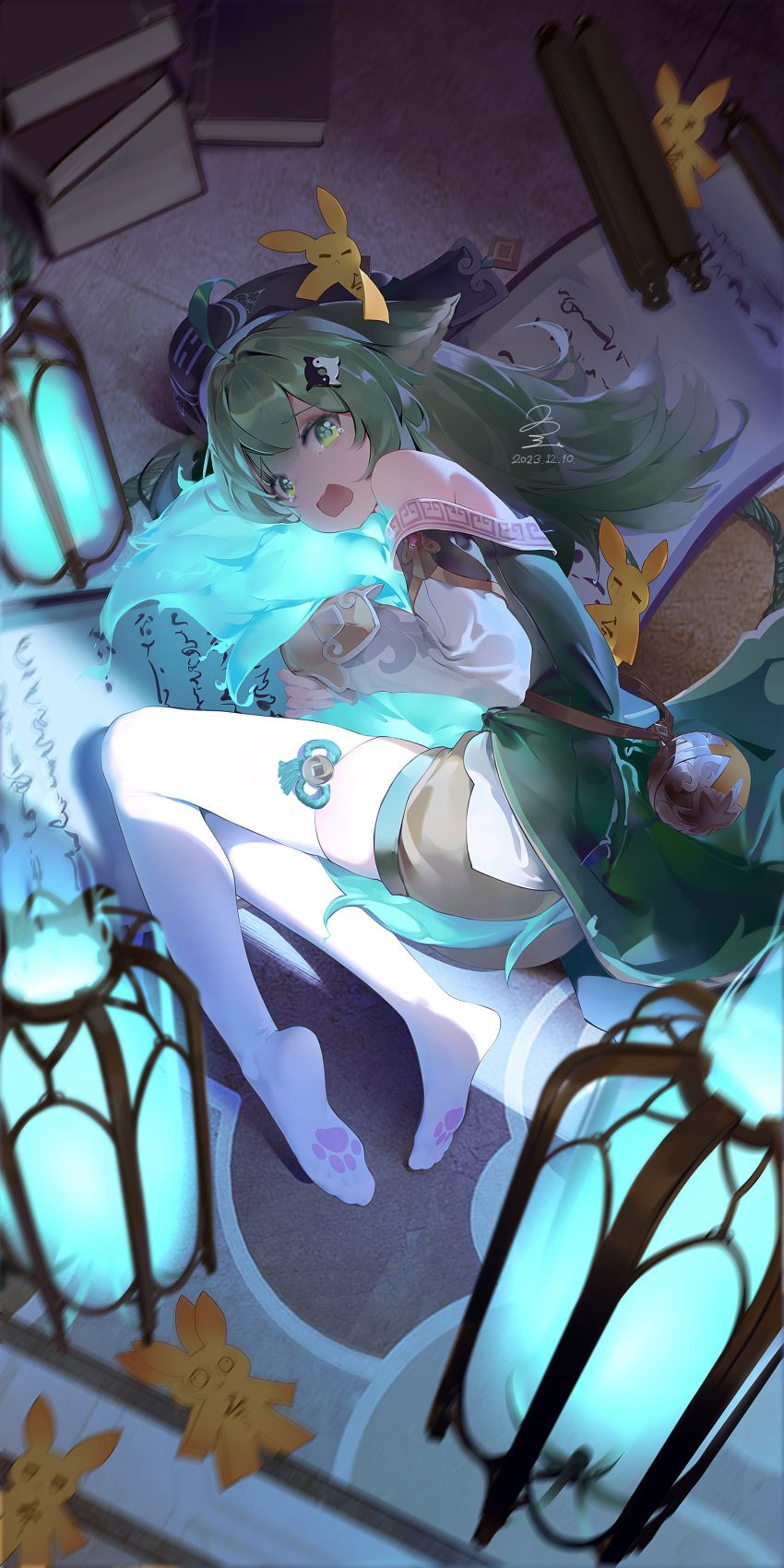 1girl absurdres ahoge animal_ears dated from_above full_body green_eyes green_hair hat highres honkai:_star_rail honkai_(series) hugging_own_tail hugging_tail huohuo_(honkai:_star_rail) lantern long_hair long_sleeves lying no_shoes on_side open_mouth paw_print_soles ribao scroll signature solo tail tearing_up thighhighs white_thighhighs yin_yang_hair_ornament