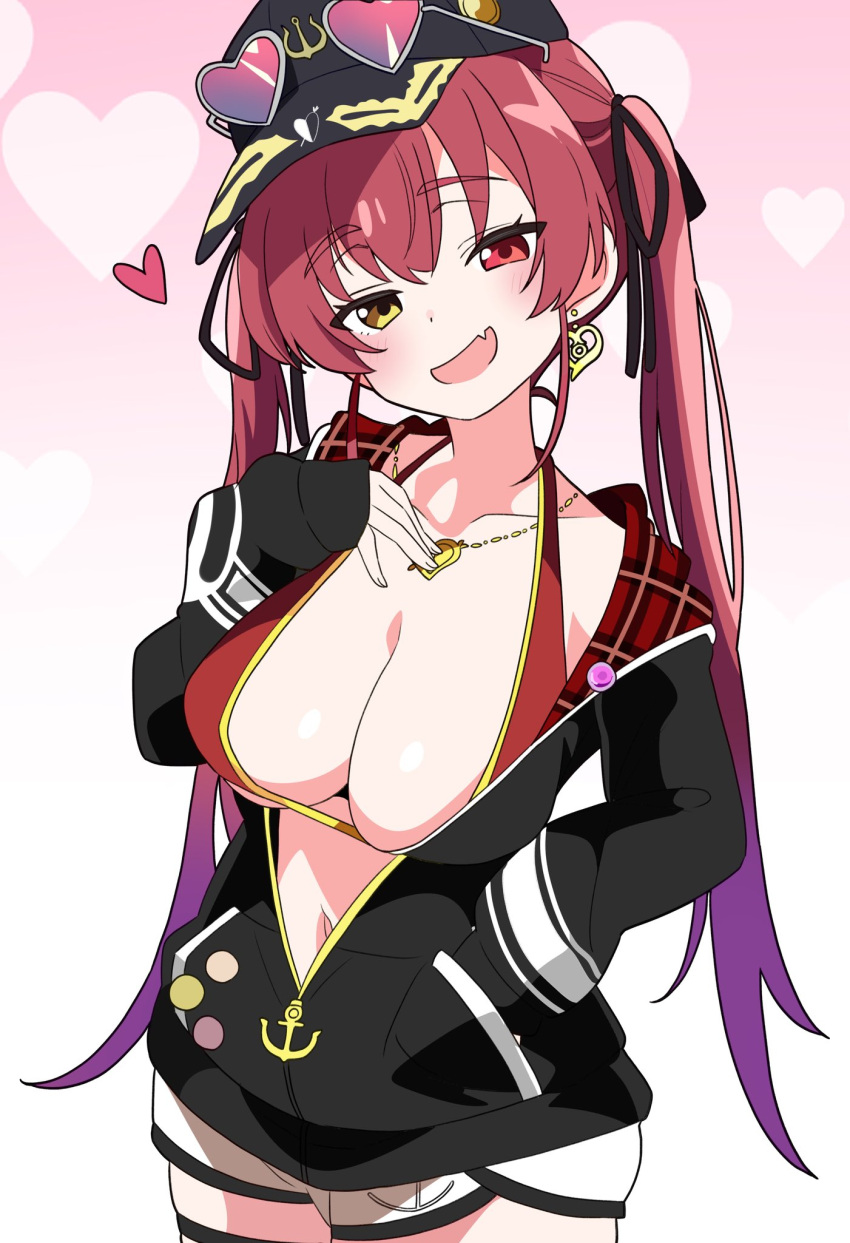 1girl :d bikini black_headwear breasts cleavage collarbone commentary eyewear_on_headwear fang gradient_hair hand_in_pocket hat heart heart-shaped_eyewear heart_necklace heterochromia highres hololive houshou_marine houshou_marine_(summer) hutaba_haru jacket jewelry large_breasts long_hair long_sleeves looking_at_viewer multicolored_hair navel necklace open_mouth purple_hair red_bikini red_eyes red_hair shorts skin_fang sleeves_past_wrists smile solo sunglasses swimsuit symbol-only_commentary thighs twintails virtual_youtuber white_jacket white_shorts yellow_eyes