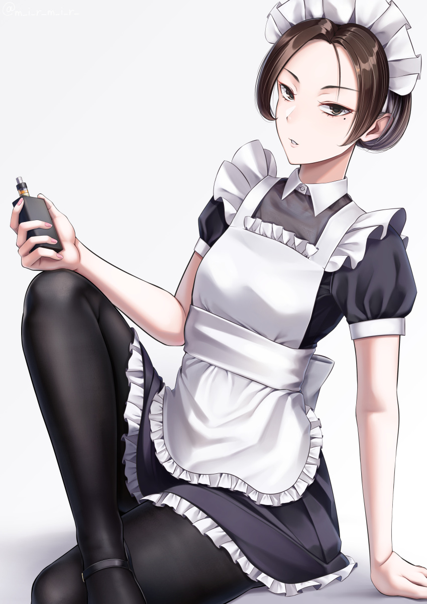 1girl absurdres apron black_dress black_footwear black_hair black_pantyhose brown_eyes dress electronic_cigarette frilled_apron frills highres holding kutsuda_miru maid maid_apron maid_headdress mary_janes mole mole_under_eye original pantyhose puffy_short_sleeves puffy_sleeves shoes short_hair short_sleeves simple_background sitting solo white_background