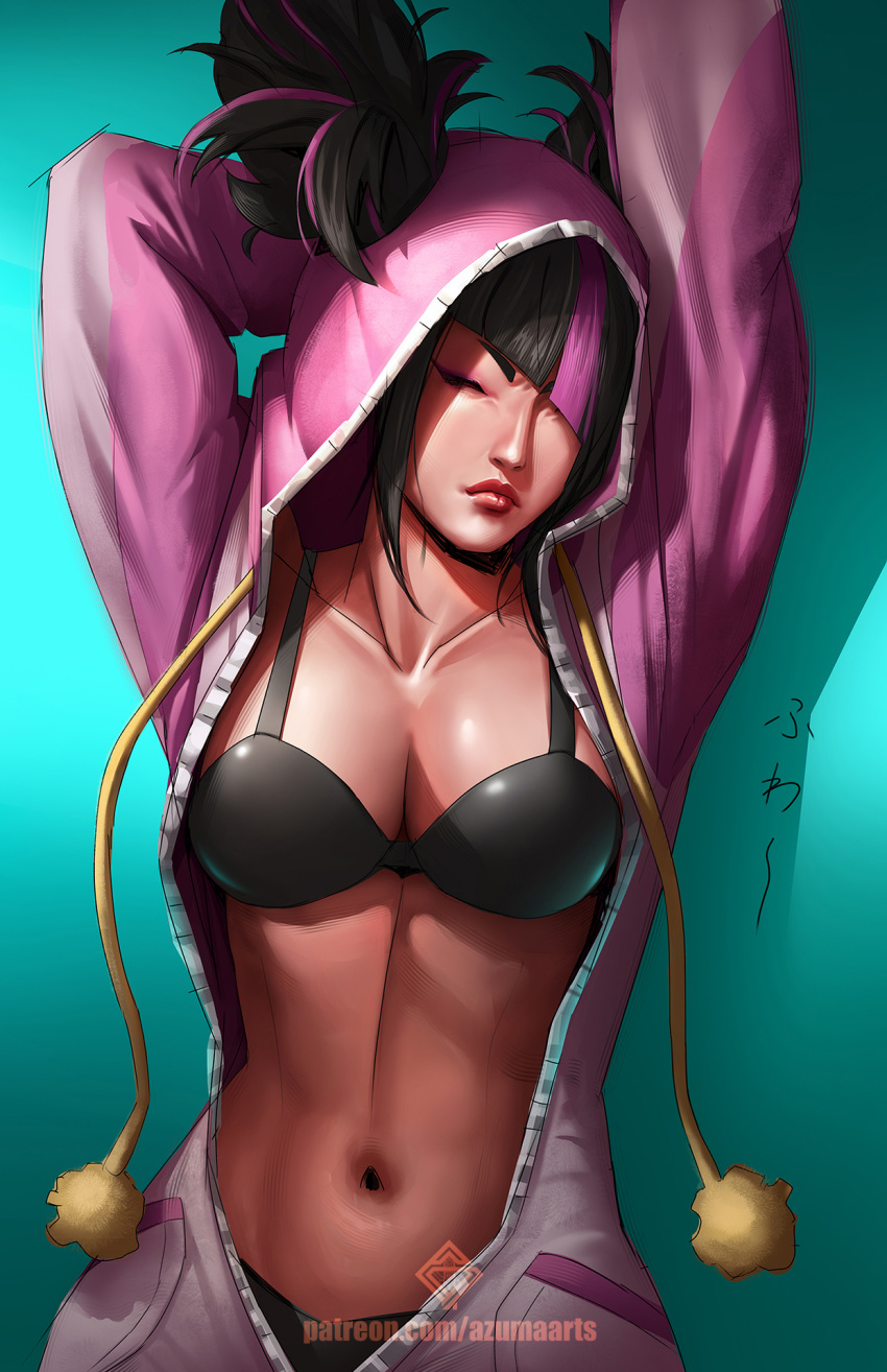 1girl arm_behind_head arms_up artist_name azuma_yasuo black_bra black_hair bra breasts cleavage closed_eyes cosplay han_juri highres hood kigurumi multicolored_hair navel official_alternate_costume official_alternate_hairstyle patreon_username purple_hair solo stomach streaked_hair street_fighter street_fighter_6 stretching twintails underwear unzipped web_address