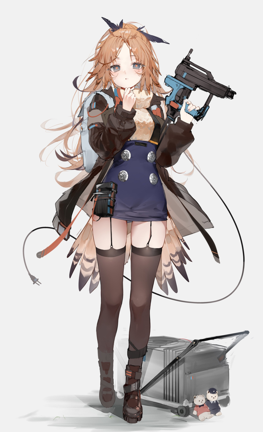 1girl absurdres arknights bag black_eyes black_footwear black_thighhighs blue_skirt blush boots breasts brown_hair full_body garter_straps gun highres holding holding_weapon jacket long_hair long_sleeves looking_at_viewer medium_breasts nail_gun noneimu17 open_clothes open_jacket pinecone_(arknights) red_pupils simple_background skirt solo standing suashi thighhighs turtleneck weapon white_background