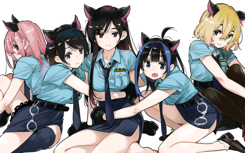 5girls ahoge alternate_costume animal_ears animal_hands black_eyes black_footwear black_hair black_necktie black_pantyhose black_thighhighs blonde_hair blue_eyes blue_hair blue_shirt blue_skirt breasts cat_ears cat_girl closed_mouth commentary_request cuffs double-parted_bangs fang from_behind gloves hair_between_eyes handcuffs highres hug kanojo_okarishimasu knees_up long_hair looking_at_viewer miyajima_reiji mizuhara_chizuru multicolored_hair multiple_girls multiple_views nanami_mami necktie open_mouth pantyhose paw_gloves pencil_skirt pink_hair police police_uniform policewoman sakurasawa_sumi sarashina_ruka shirt shirt_tucked_in short_hair simple_background single_thighhigh sitting skirt streaked_hair thighhighs uniform white_background yaemori_mini yellow_eyes