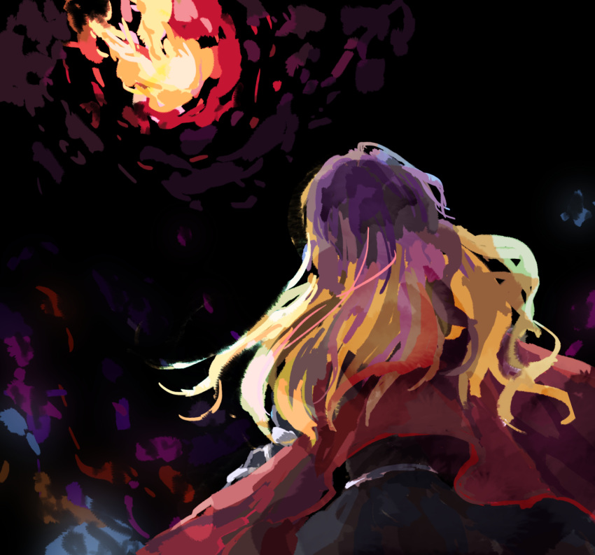 1girl belt black_dress black_sky blonde_hair cape commentary_request dress from_behind from_below highres hijiri_byakuren kaigen_1025 long_hair multicolored_hair pink_hair purple_hair red_cape sky solo touhou white_belt