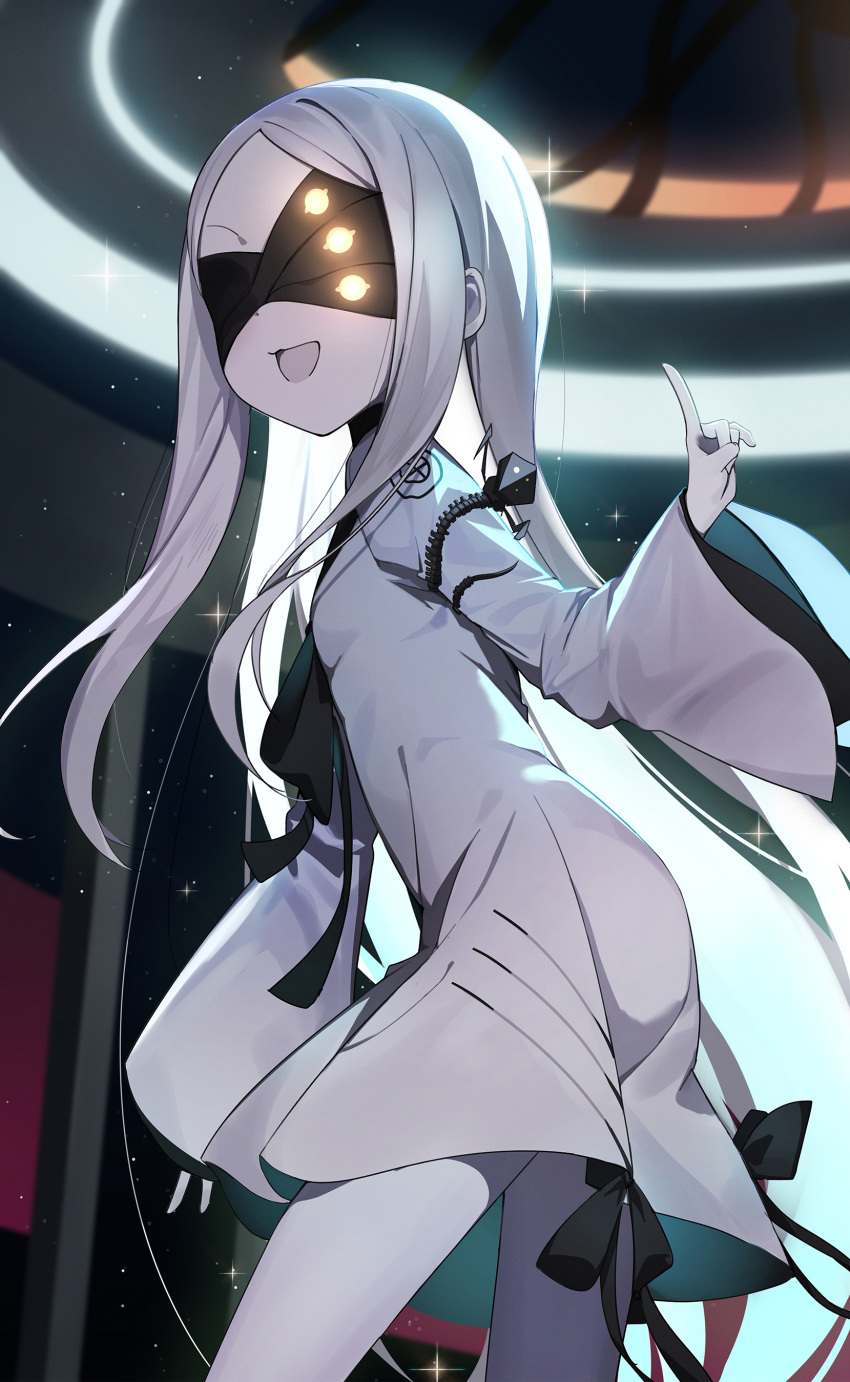 1girl absurdres blindfold blue_archive breasts colored_skin covered_eyes cowboy_shot dress highres index_finger_raised long_hair long_sleeves ohihil ohr_(blue_archive) open_mouth sideboob small_breasts smile solo white_dress white_hair white_skin wide_sleeves