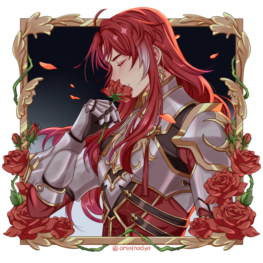 1boy ahoge androgynous argenti_(honkai:_star_rail) armor closed_mouth english_commentary flower highres holding holding_flower honkai:_star_rail honkai_(series) knight long_hair male_focus multicolored_hair red_flower red_hair red_rose rose smile solo streaked_hair theskysailor upper_body white_armor