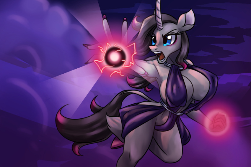 2023 3:2 5_fingers anthro anthrofied big_breasts black_hair black_tail breasts cleavage clothed clothing cloven_hooves digital_media_(artwork) dress equid equine female fingers fur grey_body grey_fur hair hooves horn magic mammal nipple_outline oleander_(tfh) open_mouth purple_clothing solo suggestive tail them's_fightin'_herds thescornfulreptilian unguligrade_anthro unicorn