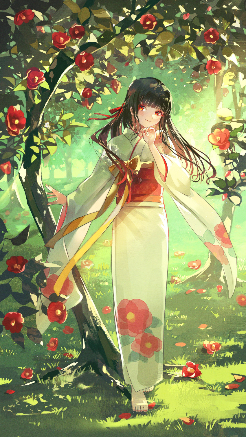 1girl absurdres barefoot black_hair blunt_bangs colored_inner_hair commentary_request feet forest grass hair_ribbon highres japanese_clothes kimono light_blush long_hair long_sleeves mole mole_under_mouth multicolored_hair nail_polish nature obi obiage obijime original outdoors red_eyes red_hair red_nails red_ribbon ribbon sash scenery solo toenail_polish toenails toes toumin_(onemunemu99) two-tone_hair white_kimono wide_sleeves