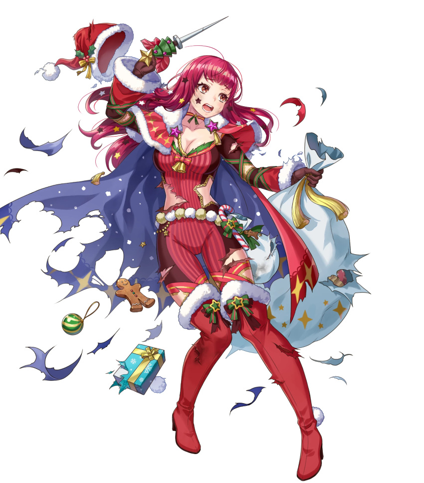 1girl blue_cape bodysuit boots breasts cape cleavage damaged fire_emblem fire_emblem_engage fire_emblem_heroes hair_ornament hat highres holding holding_sack holly holly_hair_ornament katze-reis-kuchen--nyankoromochi long_hair medium_breasts multicolored_cape multicolored_clothes non-web_source official_alternate_costume official_art open_mouth red_bodysuit red_cape red_footwear red_hair sack santa_hat simple_background solo star_(symbol) star_hair_ornament star_print teeth thigh_boots torn_cape torn_clothes white_background yunaka_(fire_emblem) yunaka_(fire_emblem)_(spirited_envoy)