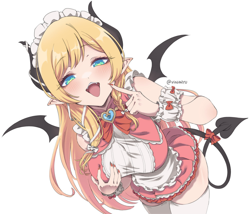 1girl apron black_horns blonde_hair blue_eyes blush breasts demon_girl demon_horns demon_tail demon_wings detached_sleeves dress fangs fingernails frills highres hololive horns large_breasts long_hair looking_at_viewer open_mouth pointy_ears red_nails sharp_fingernails simple_background skindentation smile solo swept_bangs tail thighhighs tongue tongue_out vinhnyu virtual_youtuber white_apron white_background white_thighhighs wings wrist_cuffs yuzuki_choco zettai_ryouiki