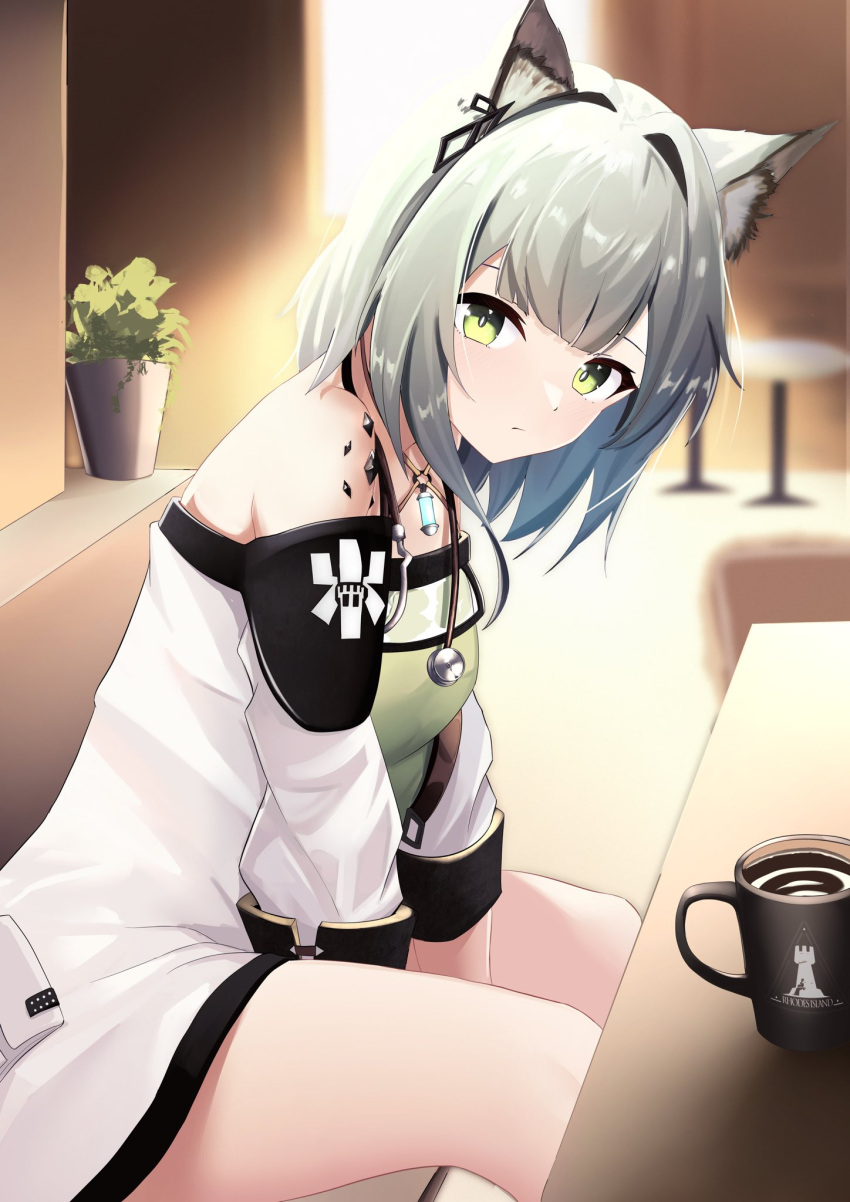 1girl animal_ear_fluff animal_ears arknights between_legs breasts cat_ears cat_girl criss-cross_halter cup dress from_side green_dress green_eyes grey_hair halterneck hand_between_legs highres indoors infection_monitor_(arknights) kal'tsit_(arknights) looking_at_viewer mug off-shoulder_dress off_shoulder plant potted_plant rhodes_island_logo_(arknights) short_hair sitting small_breasts solo stethoscope yan_kodiac