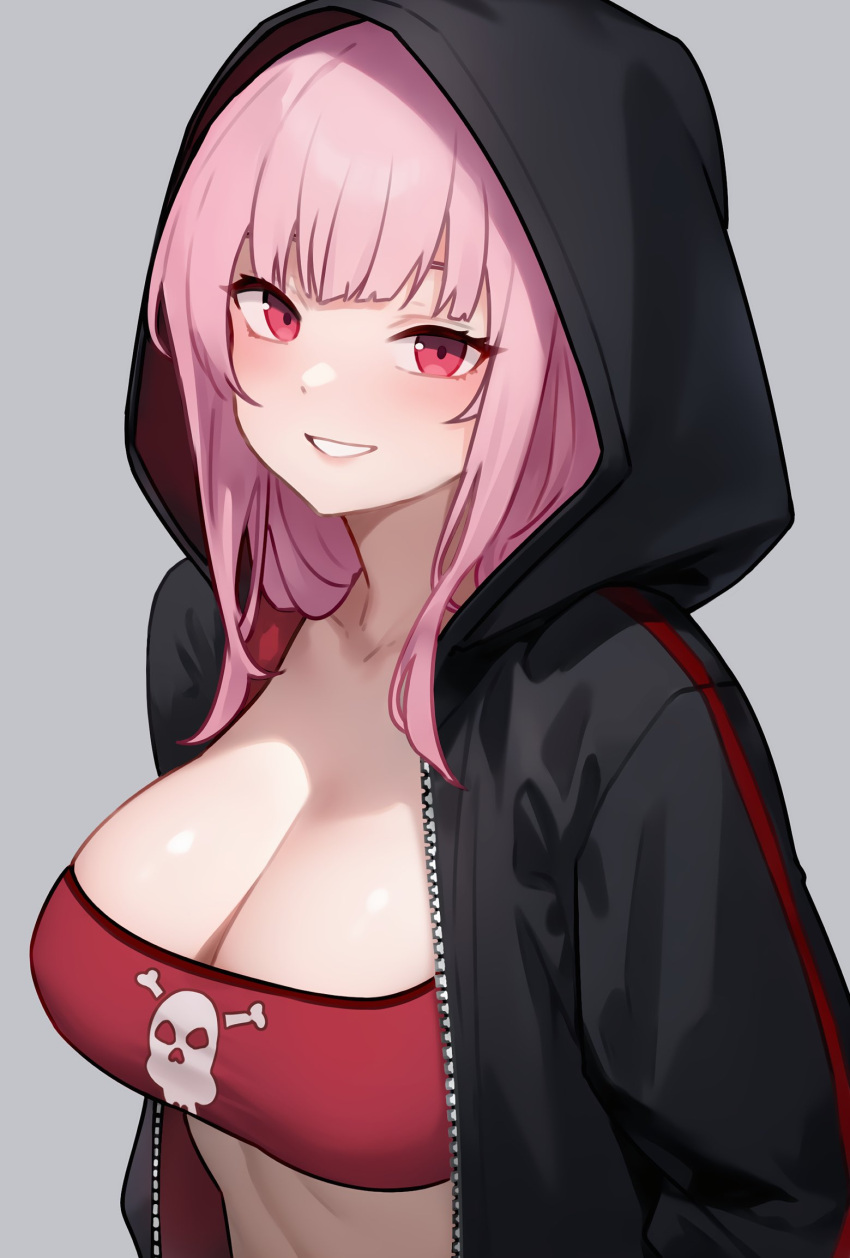 1girl bandeau black_jacket bluefield breasts cleavage grey_background highres hololive hololive_english hood hood_up hooded_jacket jacket large_breasts long_hair looking_at_viewer mori_calliope open_clothes open_jacket parted_lips pink_hair red_eyes skull_and_crossbones skull_print smile solo upper_body virtual_youtuber