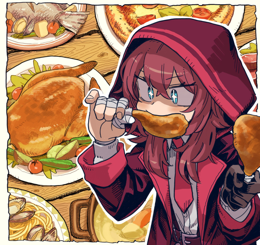 1girl bandaged_hand bandages black_gloves blue_eyes blush chicken_(food) chicken_leg coat commission eating fish food gloves hair_between_eyes highres holding holding_food hood hood_up long_hair long_sleeves mizuno_(okn66) necktie open_clothes open_coat original pasta pizza plate red_coat red_hair red_necktie shirt single_glove skeb_commission tomato upper_body vegetable white_shirt