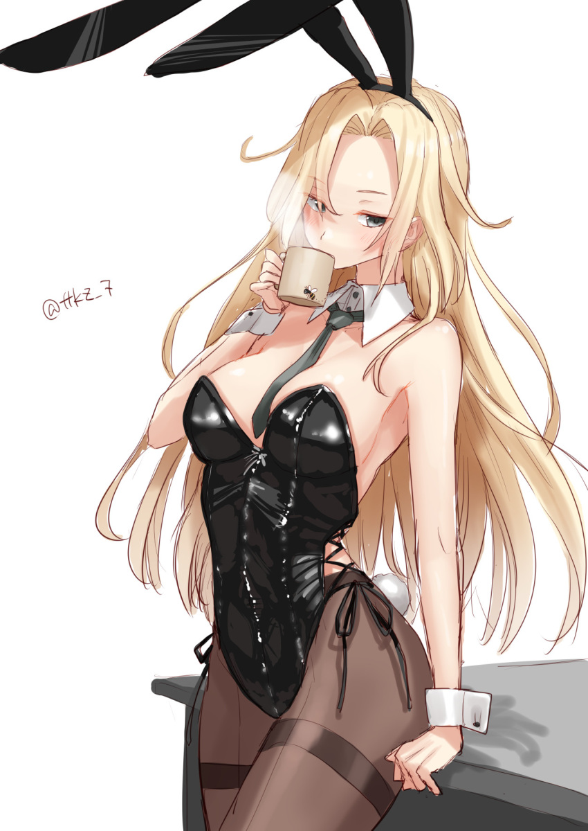 1girl alternate_costume animal_ears black_leotard black_pantyhose blonde_hair blue_eyes bow bowtie breasts coffee covered_navel desk detached_collar drink fake_animal_ears highres hornet_(kancolle) kantai_collection large_breasts leotard long_hair looking_at_viewer pantyhose playboy_bunny rabbit_ears rabbit_tail shirt sitting solo strapless strapless_leotard tail tetsukuzu_(yajirushi_shita) traditional_bowtie wrist_cuffs