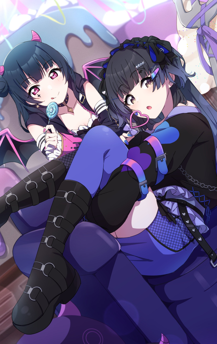 2girls :q absurdres ankle_boots black_footwear black_hair blue_thighhighs blunt_bangs boots brown_eyes candy collarbone couch demon_horns demon_wings detached_sleeves dutch_angle food frilled_sleeves frills highres holding holding_candy holding_food holding_lollipop horns idolmaster idolmaster_shiny_colors lollipop long_hair long_sleeves looking_at_viewer love_live! love_live!_sunshine!! mayuzumi_fuyuko multiple_girls on_couch open_mouth pink_horns purple_eyes reikakrzk sitting sleeves_past_wrists thighhighs tongue tongue_out tsushima_yoshiko upper_body wings
