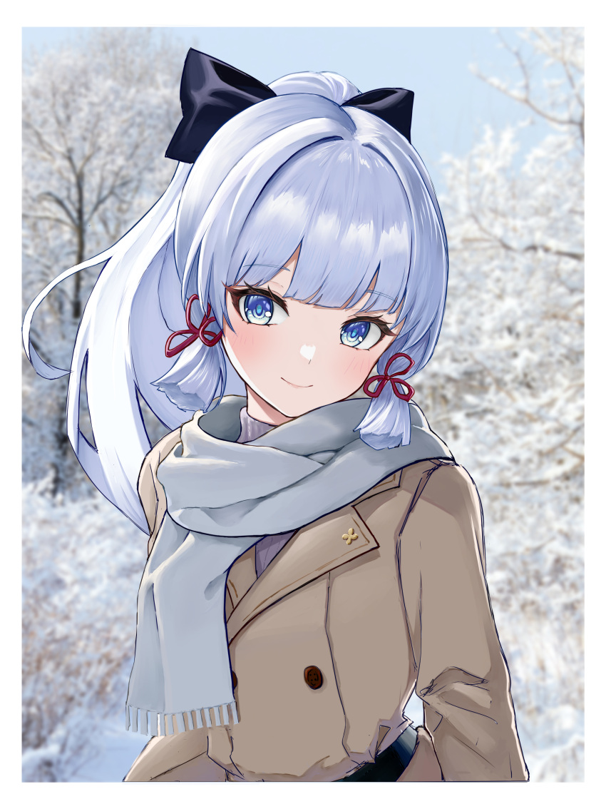1girl absurdres bare_tree black_bow blue_eyes blue_sky blush bow buttons commentary_request day double-breasted genshin_impact grey_hair grey_jacket grey_scarf hair_bow head_tilt highres huangwanzi jacket kamisato_ayaka long_hair long_sleeves looking_at_viewer outdoors ponytail scarf sky smile solo tree upper_body