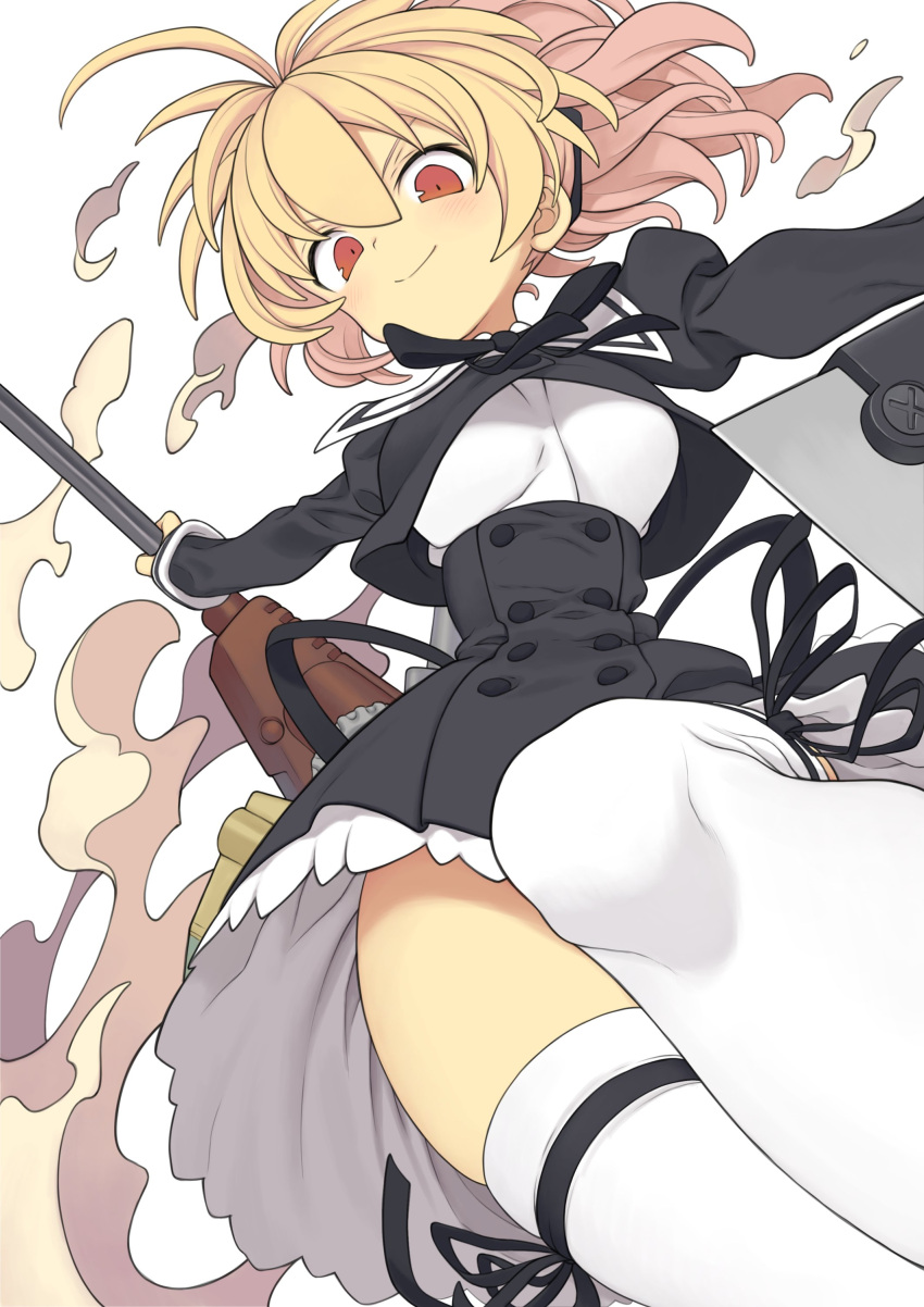 &gt;:) 1girl absurdres ahoge andou_tazusa assault_lily black_ribbon black_skirt blonde_hair blush breasts closed_mouth commentary_request commission cowboy_shot cropped_jacket floating_hair from_below hair_between_eyes hair_ribbon hands_up high-waist_skirt highres holding holding_weapon juliet_sleeves leg_ribbon leg_up long_sleeves looking_at_viewer looking_down medium_breasts miniskirt morino_hon neck_ribbon outstretched_arms ponytail puffy_sleeves red_eyes ribbon school_uniform shirt short_hair skeb_commission skirt smile solo standing standing_on_one_leg thigh_ribbon thighhighs upskirt v-shaped_eyebrows weapon white_background white_shirt white_thighhighs yurigaoka_girls_academy_school_uniform