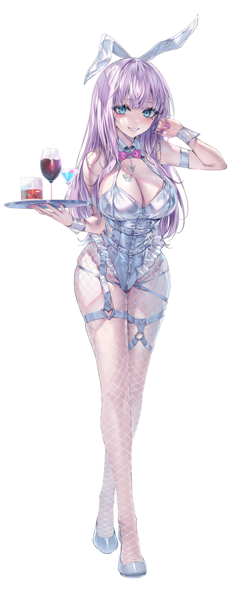 1girl absurdres alcohol animal_ears belt blue_eyes blush bow breasts cleavage cocktail cocktail_glass commentary cup detached_collar drinking_glass fake_animal_ears fingernails fishnet_pantyhose fishnets full_body grin heirou highres holding holding_tray large_breasts leotard long_fingernails long_hair looking_at_viewer mole mole_under_eye nail_polish original pantyhose pink_bow pink_hair pink_nails rabbit_ears sharp_fingernails shoes simple_background smile solo symbol-only_commentary tray whiskey white_background white_belt white_footwear white_leotard wine wine_glass wrist_cuffs