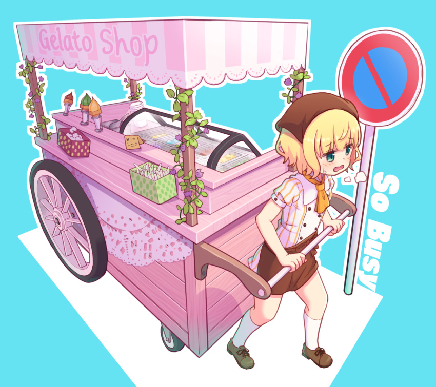 1girl alternate_costume apron aqua_eyes ascot blonde_hair blue_background blunt_bangs box breath brown_apron brown_footwear brown_headwear buttons commentary_request double-breasted dress flat_chest food from_above full_body gochuumon_wa_usagi_desu_ka? head_scarf ice_cream ice_cream_cone ivy kirima_syaro light_blush loafers looking_ahead mohei no_parking_sign open_mouth outline partial_commentary puffy_short_sleeves puffy_sleeves pushing shoes short_sleeves simple_background socks solo standing striped striped_dress sweatdrop vending_cart vertical-striped_dress vertical_stripes waist_apron wavy_hair wavy_mouth wheel white_dress white_outline white_socks yellow_ascot