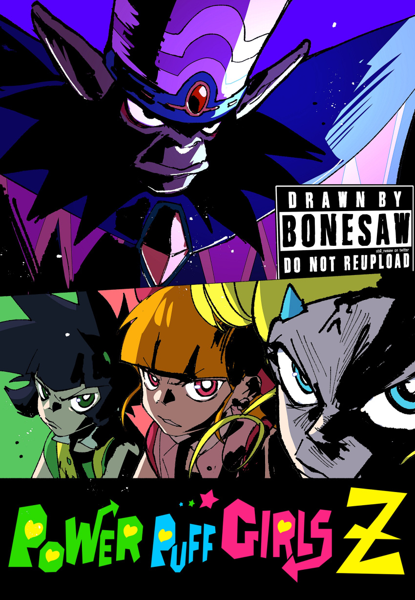 1boy 3girls absurdres black_eyes blonde_hair blossom_(ppg) blue_eyes bonesaw_(artist) bubbles_(ppg) buttercup_(ppg) commentary english_commentary english_text glaring green_eyes highres long_hair mojo_jojo multiple_girls orange_hair pink_eyes powerpuff_girls powerpuff_girls_z short_hair upper_body