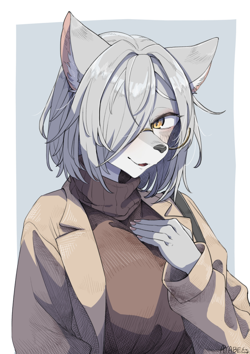 1girl animal_ears animal_nose body_fur breasts brown_eyes brown_jacket brown_sweater furry furry_female glasses grey_background grey_hair hand_on_own_chest highres jacket looking_to_the_side medium_breasts misotsuki_ayabe nail_polish open_mouth original pink_nails short_hair smile snout solo sweater turtleneck turtleneck_sweater vrchat wolf_ears wolf_girl